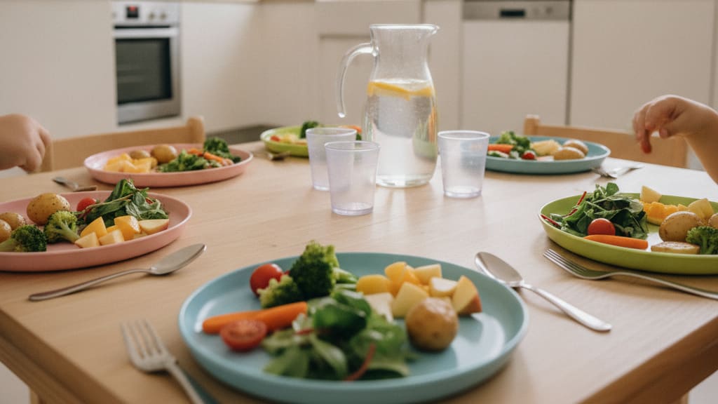 Gedeckter Kita-Tisch mit frisch zubereitetem Mittagessen: bunte Teller mit Gemüse, Kartoffeln und Salat in einer hellen Küche