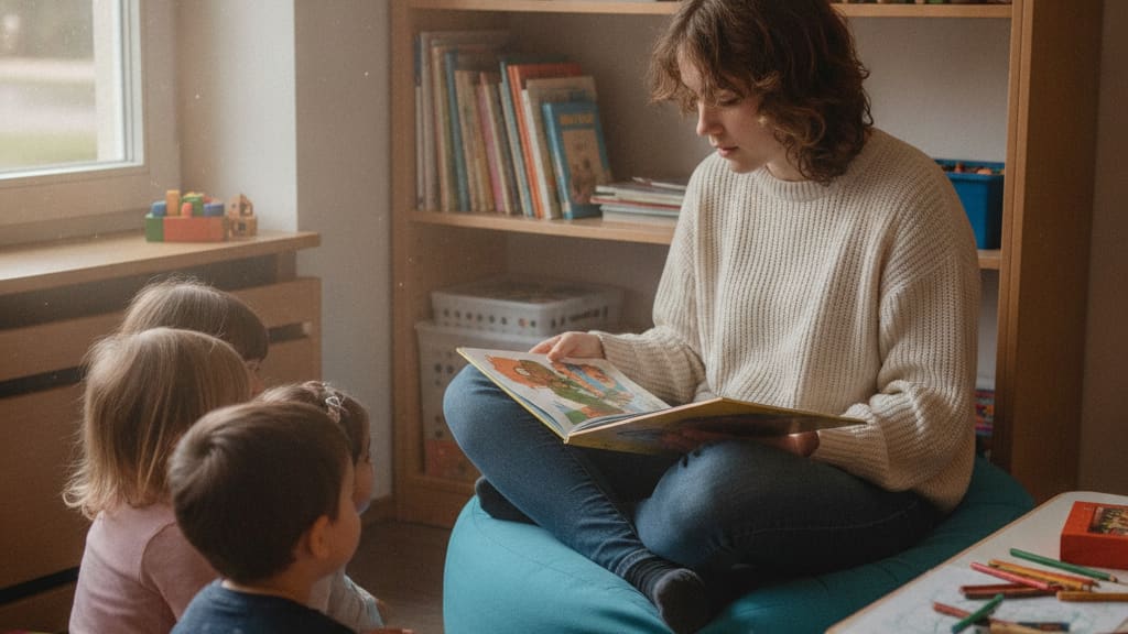 Junge FSJ-Kraft liest einer kleinen Kindergruppe in der Leseecke aus einem Bilderbuch vor