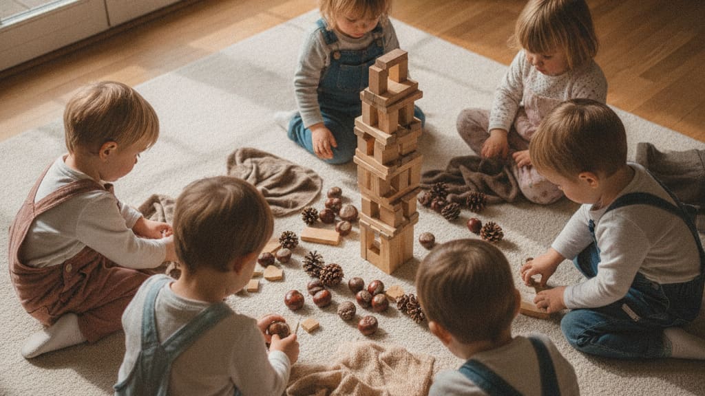 Kinder bauen konzentriert einen Turm aus Holzklötzen und Naturmaterialien auf dem Teppich