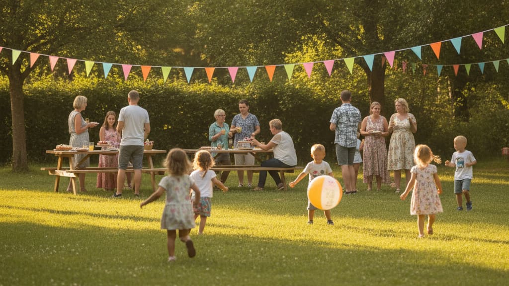 Sommerfest auf dem Kita-Außengelände: bunte Wimpelketten, spielende Kinder und Familien auf der Wiese