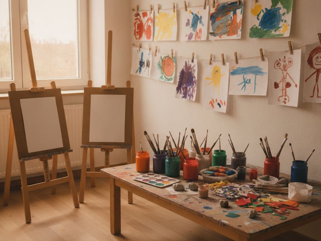 Kreativbereich mit Staffeleien, Farben und Kinderbildern an der Wand