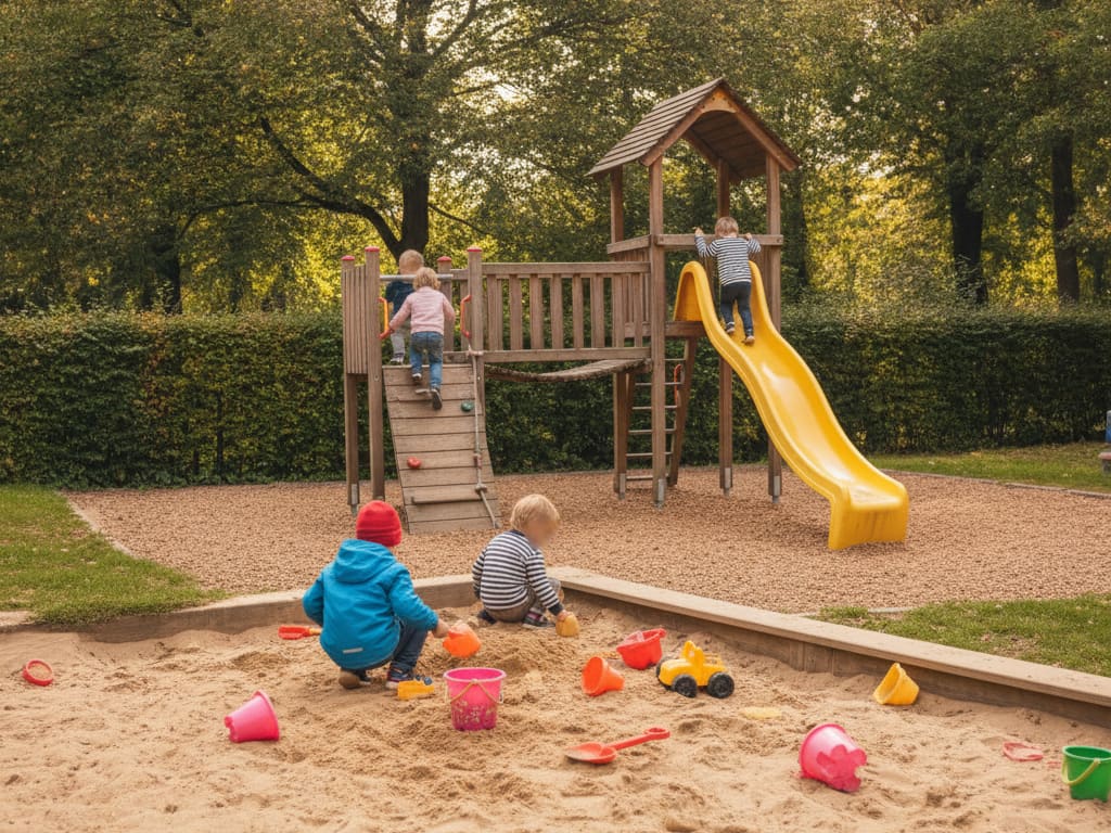 Außengelände mit Sandkasten und Klettergerüst