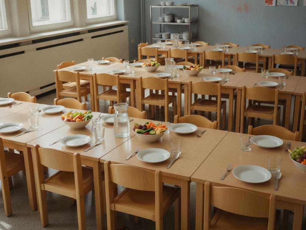Essbereich mit niedrigen Tischen und kindgerecht gedecktem Geschirr