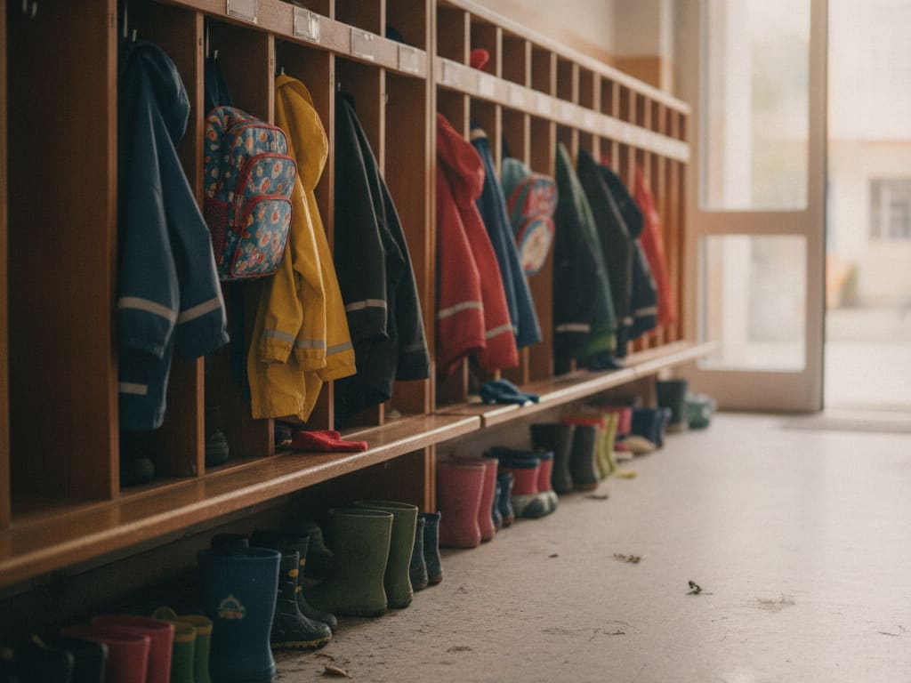 Garderobe im Eingangsbereich mit Fächern, Jacken und Gummistiefeln