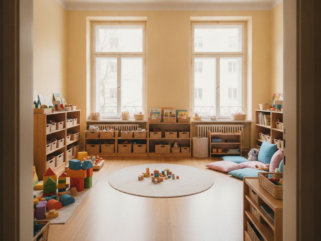 Heller Gruppenraum mit Spielecken, Teppich und niedrigen Regalen