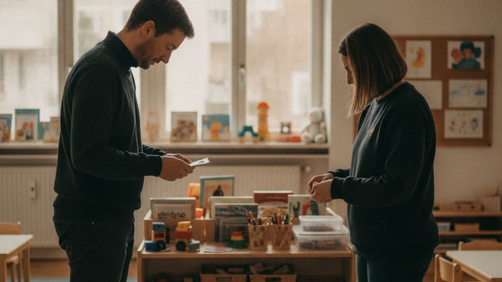 Zwei Fachkräfte richten gemeinsam Material im Gruppenraum her