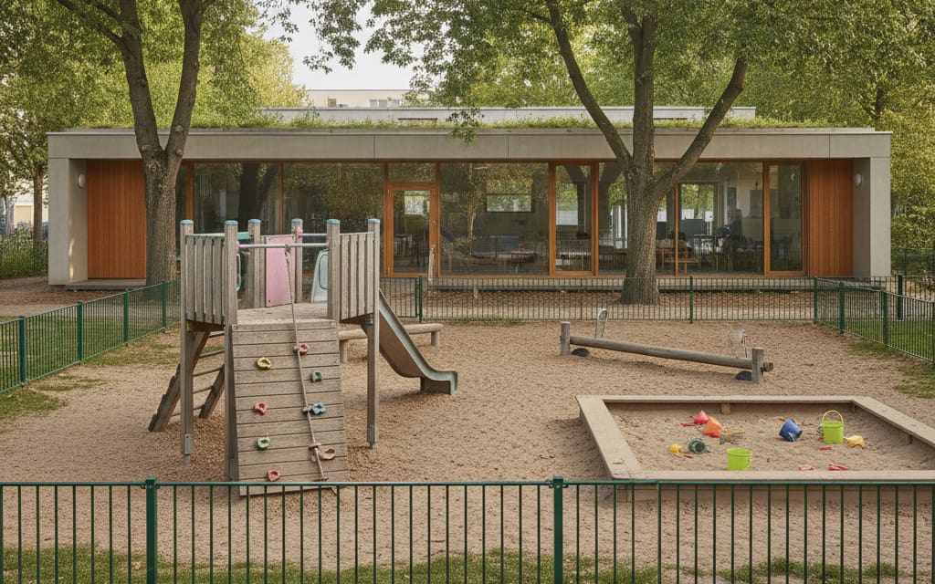 Außenansicht der Kita Familya Gropiusstadt mit Außengelände