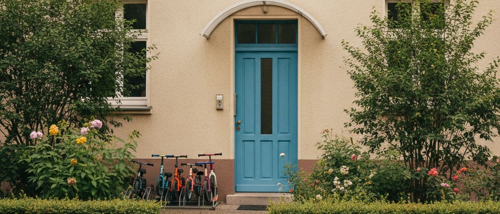 Eingangsbereich der Kita Familya Adlershof 1 mit blauer Eingangstür, Vorgarten und abgestellten Laufrädern