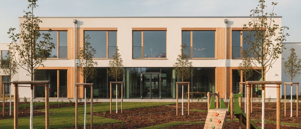Neubau der Kita Familya Adlershof 2 mit heller Fassade, bodentiefen Fenstern und jungem Außengelände
