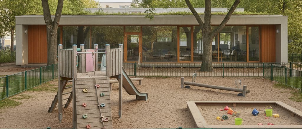 Außenansicht der Kita Familya Gropiusstadt mit großem Außengelände, Klettergerüst und Sandkasten