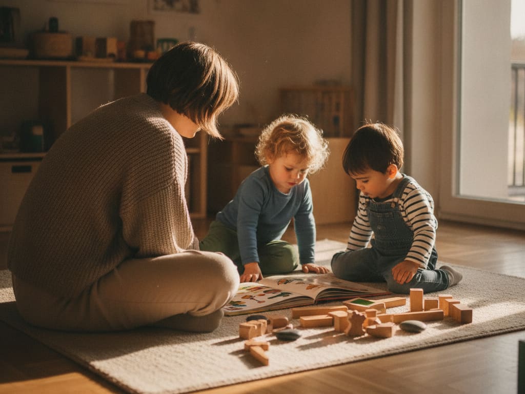 Erzieherin sitzt mit zwei Kindern auf dem Teppich über einem Bilderbuch