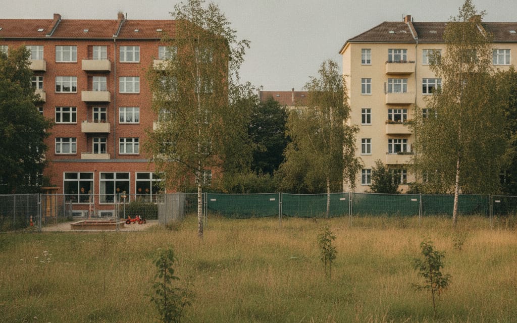 Unbebaute Fläche zwischen Berliner Wohnhäusern als Symbolbild für einen Standort in Prüfung