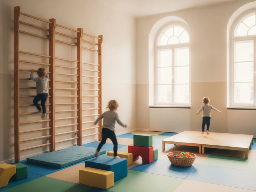 Kinder klettern an der Sprossenwand und bewegen sich auf Weichbodenmatten im Bewegungsraum