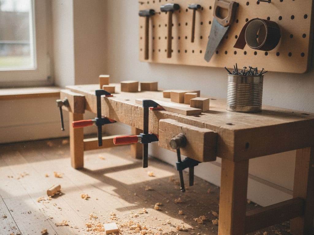 Werkbereich mit Werkbank, Schraubzwingen, Holzresten und Kinderwerkzeug an der Lochwand